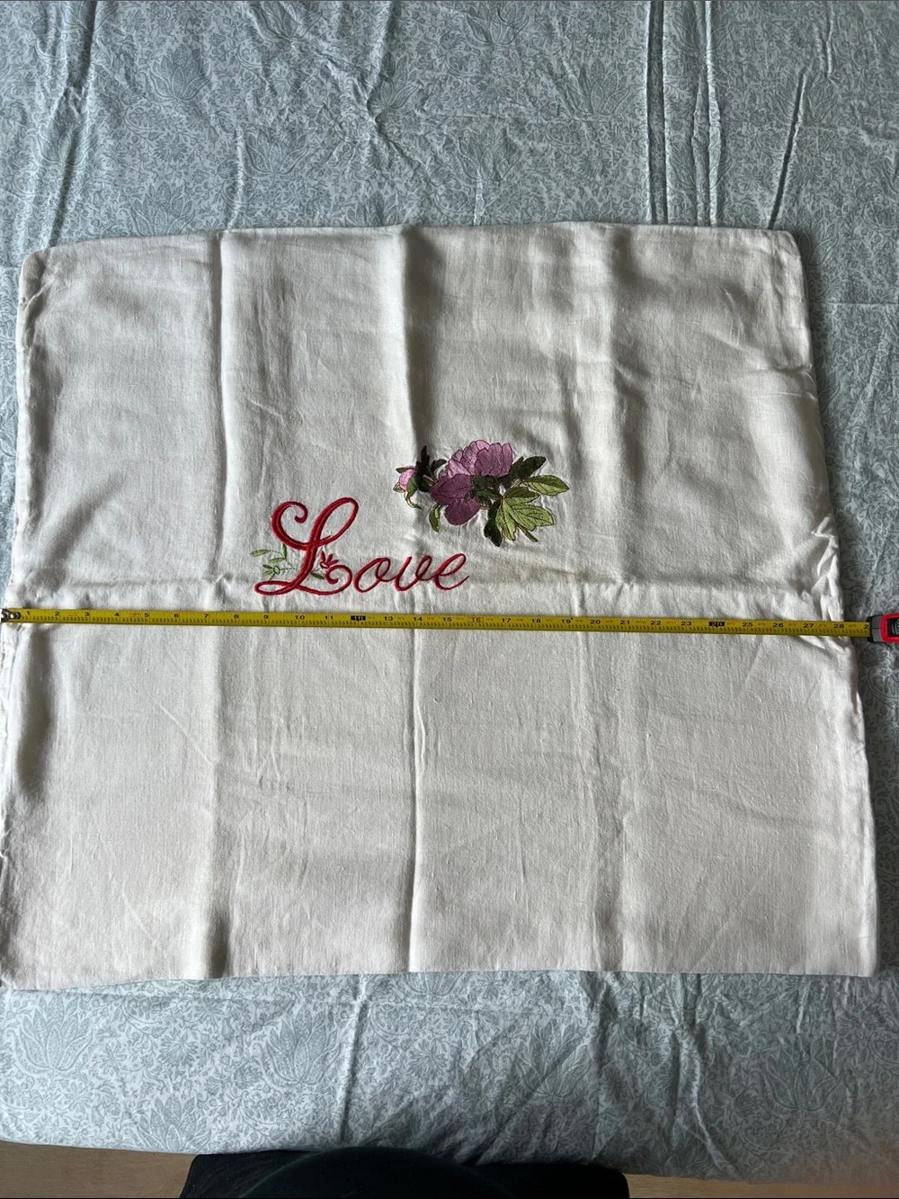 Embroidered 'Love' Floral Pillow Cover in White Linen